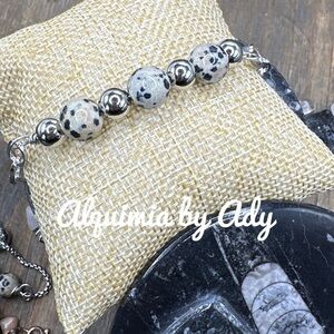 Dalmatian jasper beaded bracelet curb chunky chain adjustable